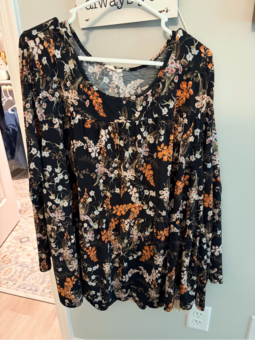 Floral Scoop Neck Long Sleeve Blouse - Black/Orange